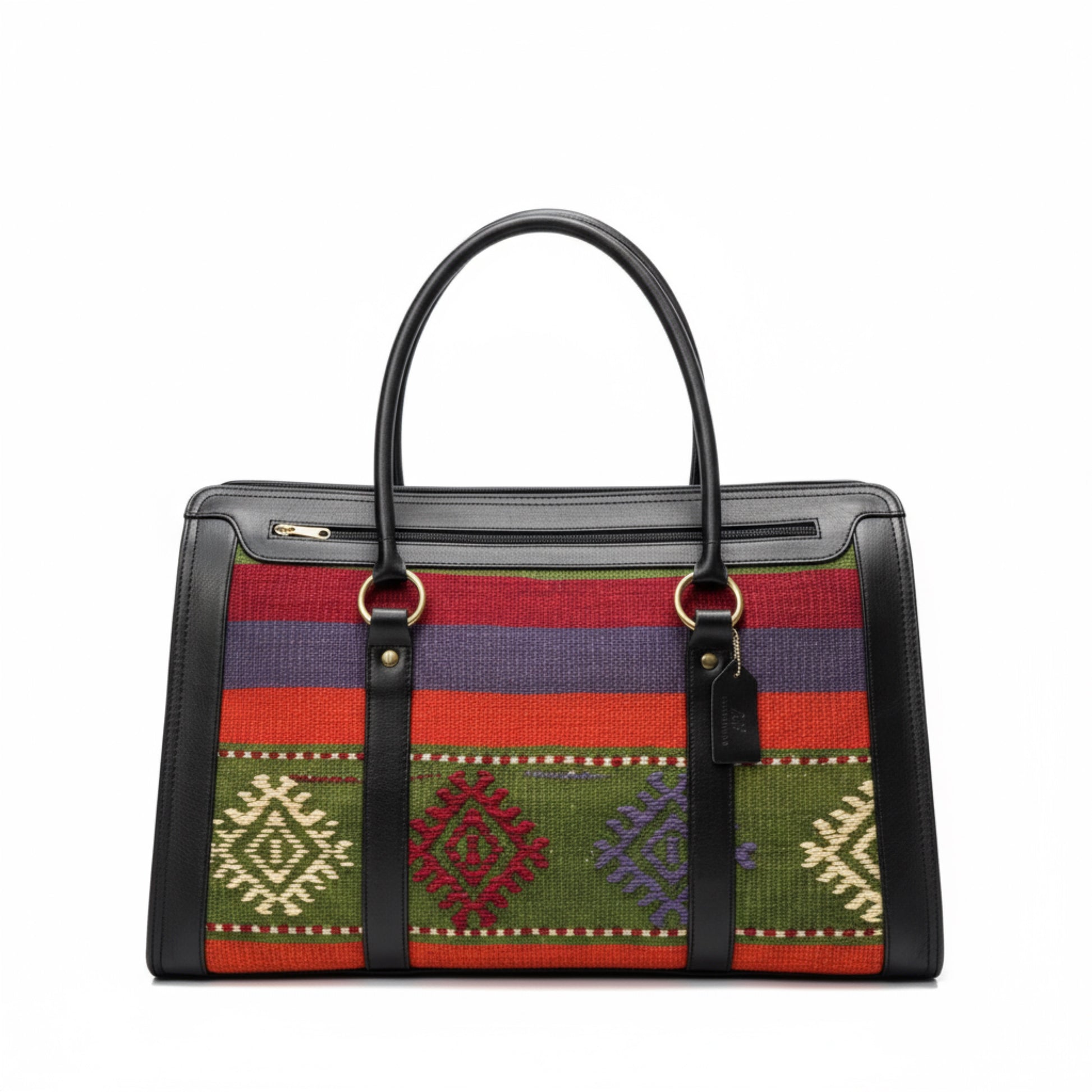 Handbag with a colorful pattern on a white background