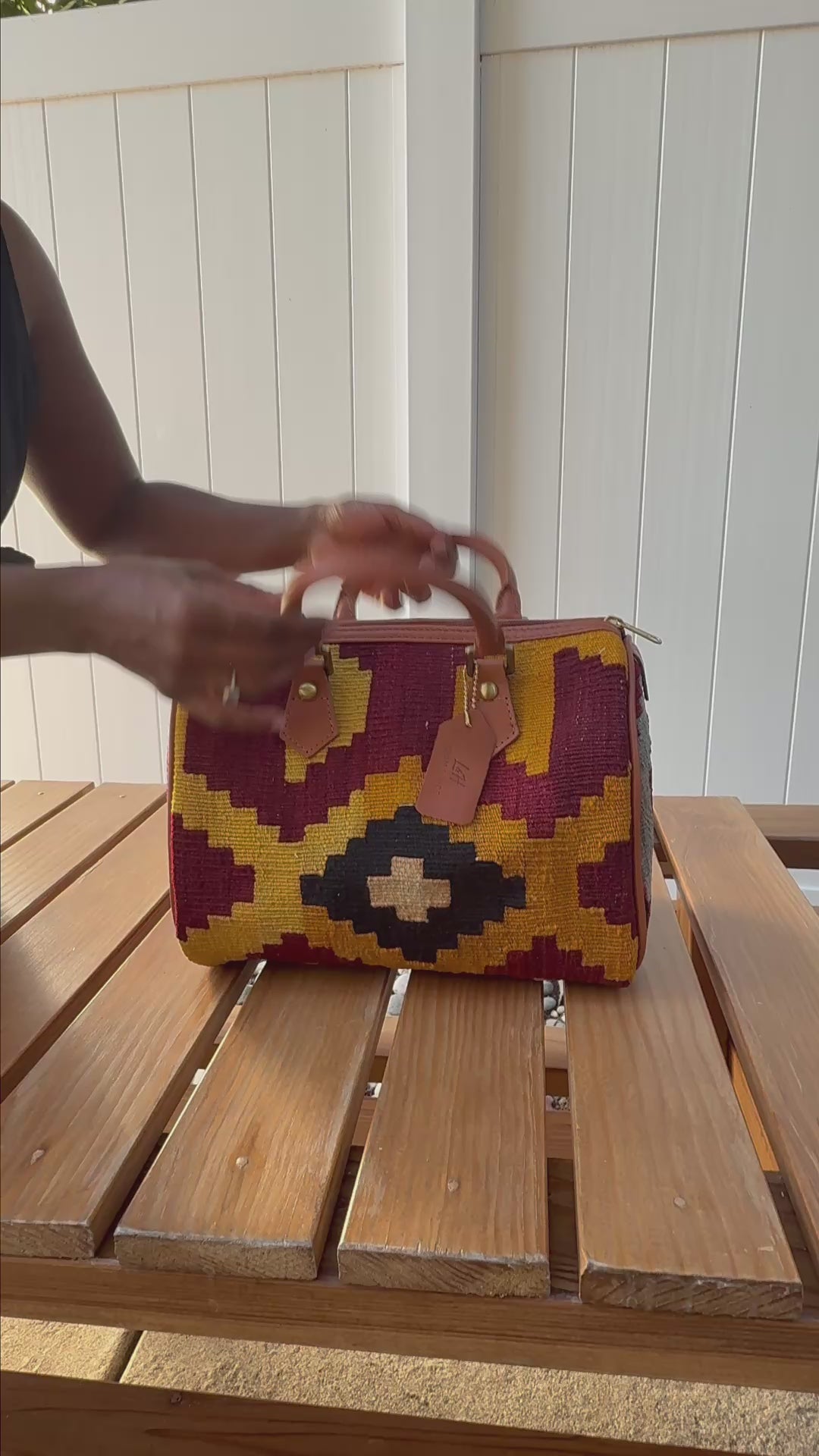 Load video: Sahara Mirage Kilim Leather Mini Duffle Bag