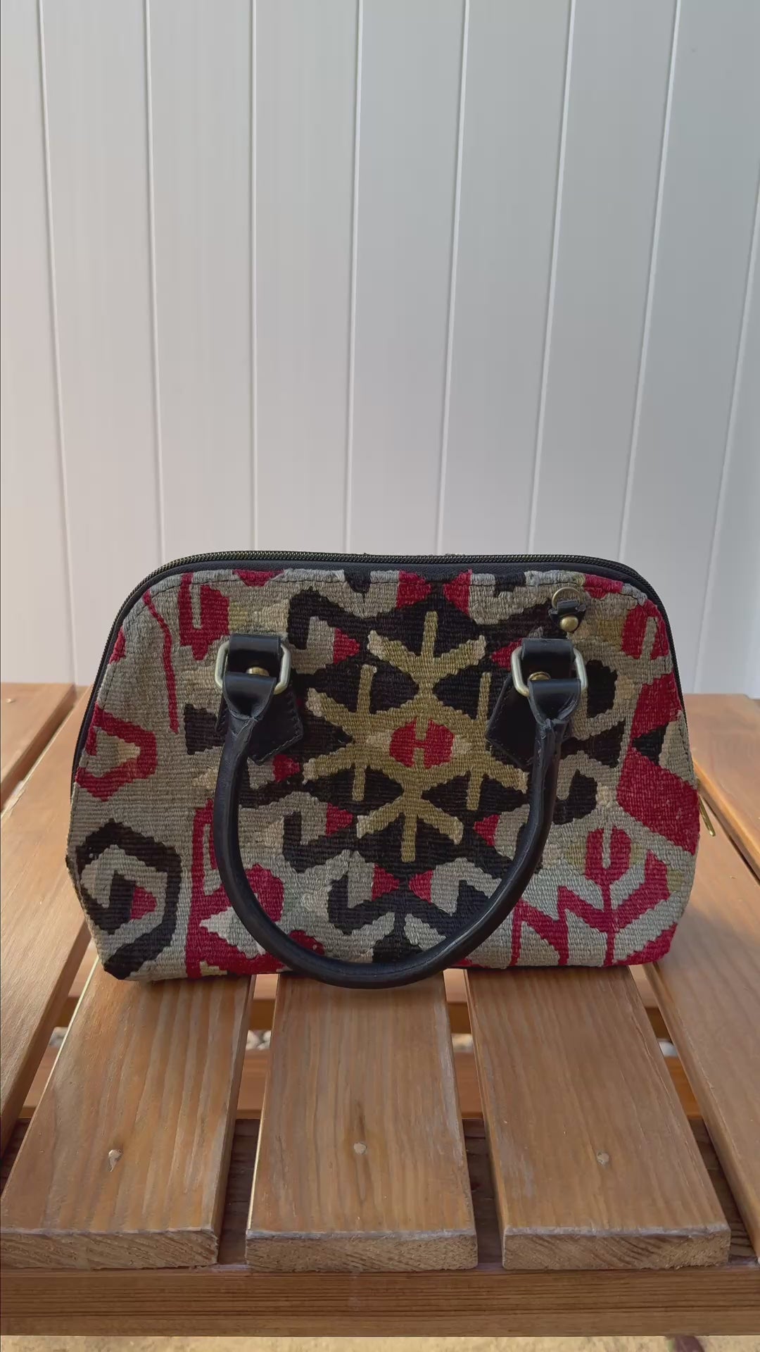 Load video: Zanzibar Bazaar Kilim Leather Satchel Bag