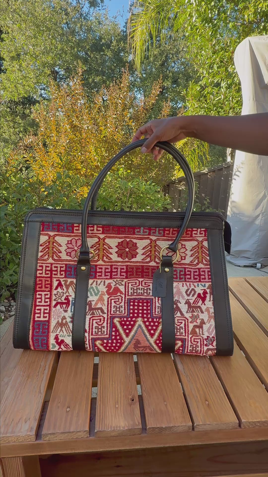 Load video: Sedona Kilim Weekender Leather Bag