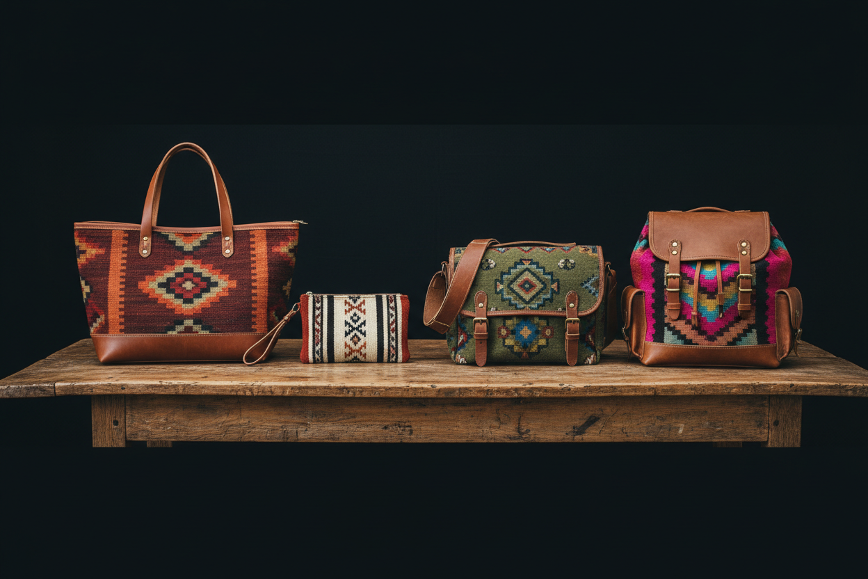 the bags should not be stacked. -- they should be on a table spread across with different prints-- showing a rustic look