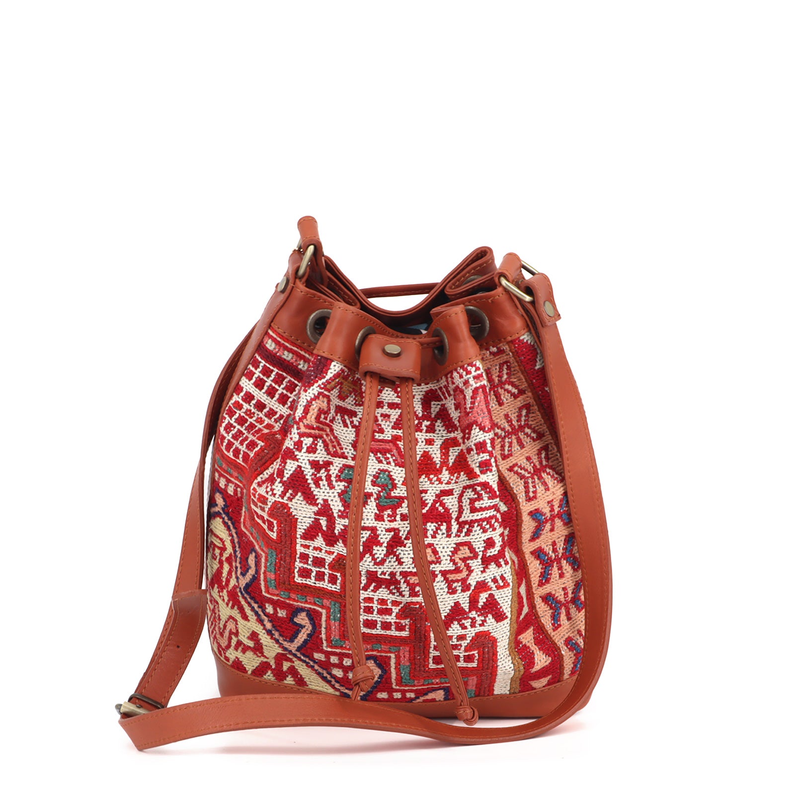 Aziza Kilim Bucket Leather Bag | Drawstring Bag Kilim Leather Bag | Cinch Bag Kilim Leather Bag
