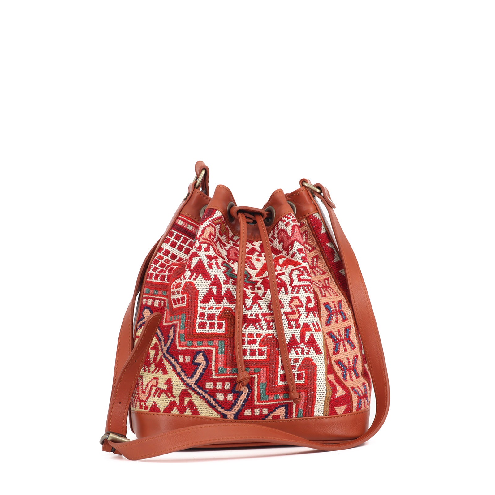 Aziza Kilim Bucket Leather Bag | Drawstring Bag Kilim Leather Bag | Cinch Bag Kilim Leather Bag
