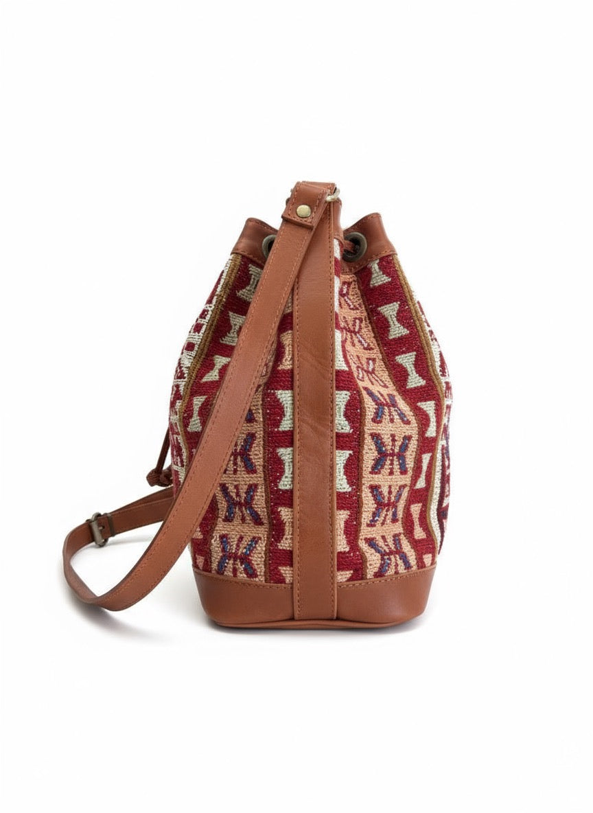 Aziza Kilim Bucket Leather Bag | Drawstring Bag Kilim Leather Bag | Cinch Bag Kilim Leather Bag