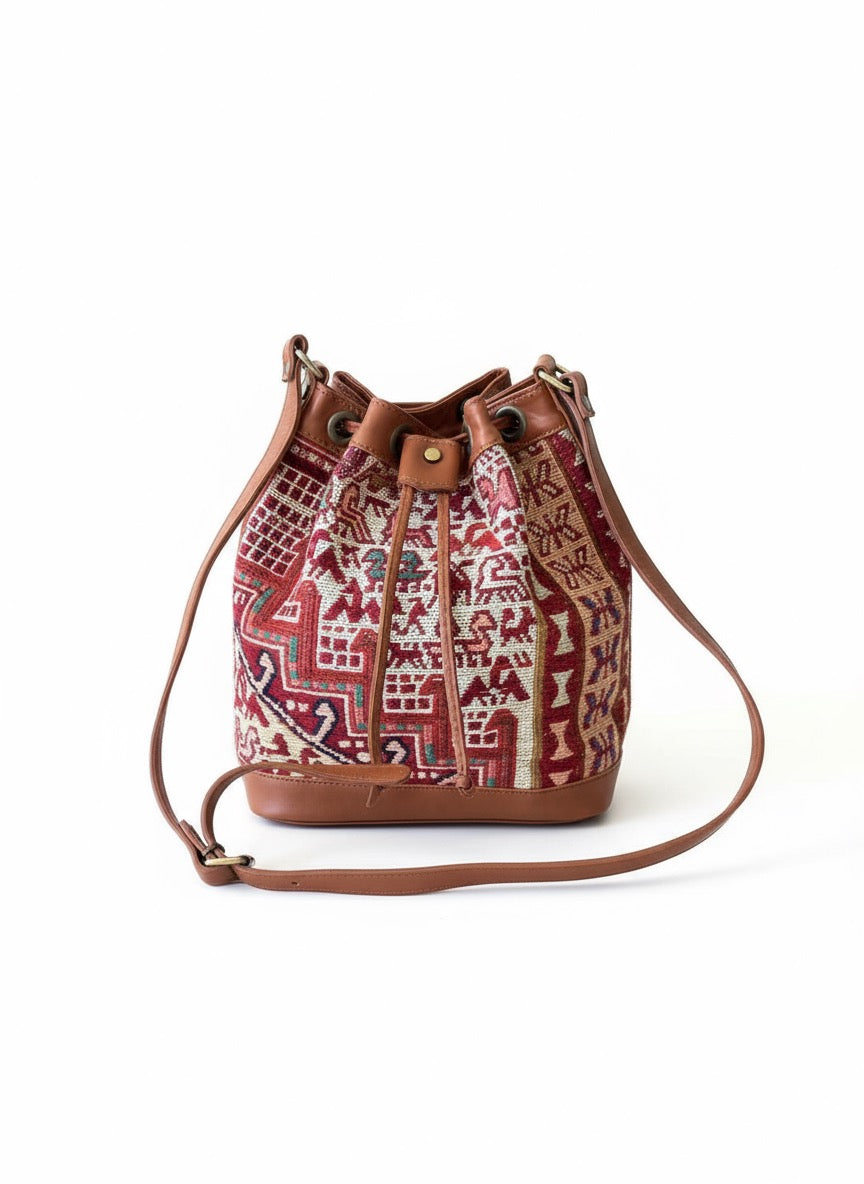 Aziza Kilim Bucket Leather Bag | Drawstring Bag Kilim Leather Bag | Cinch Bag Kilim Leather Bag