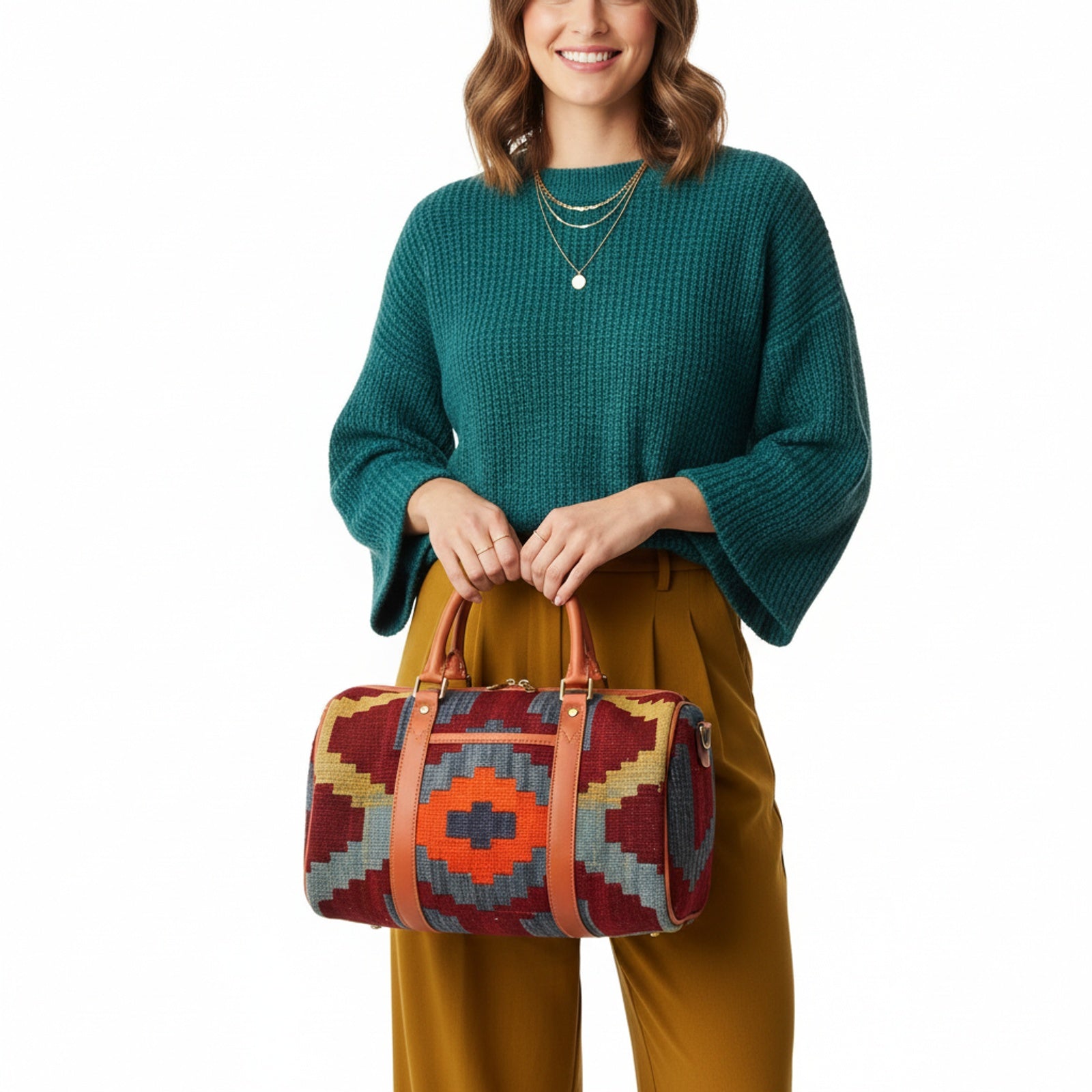 Ankara Kilim Weekender Leather Bag | Travel Kilim Leather Bag | Overnight Kilim Leather Bag