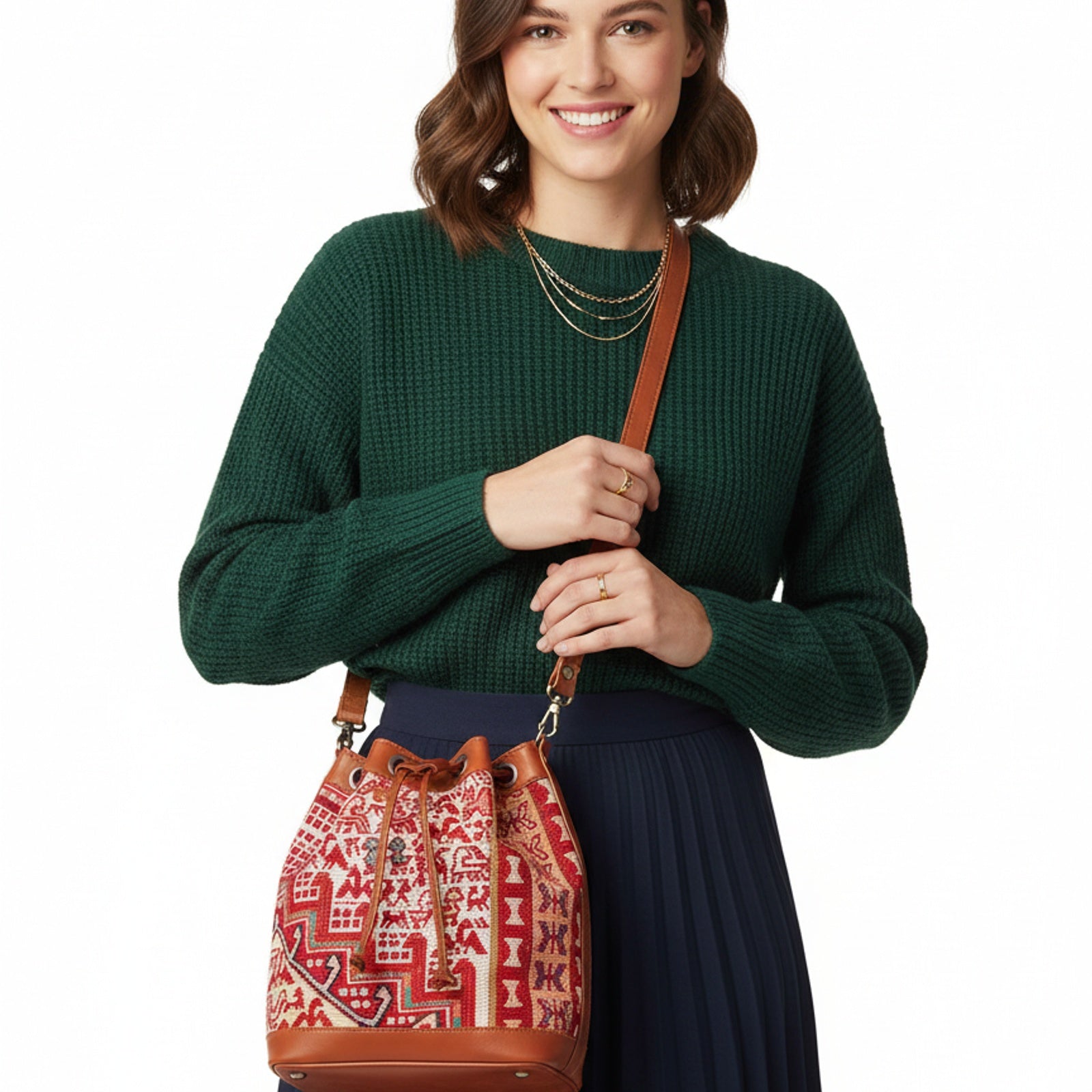 Aziza Kilim Bucket Leather Bag | Drawstring Bag Kilim Leather Bag | Cinch Bag Kilim Leather Bag
