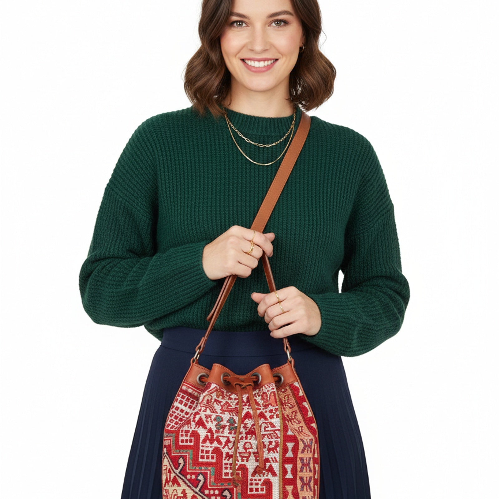 Aziza Kilim Bucket Leather Bag | Drawstring Bag Kilim Leather Bag | Cinch Bag Kilim Leather Bag