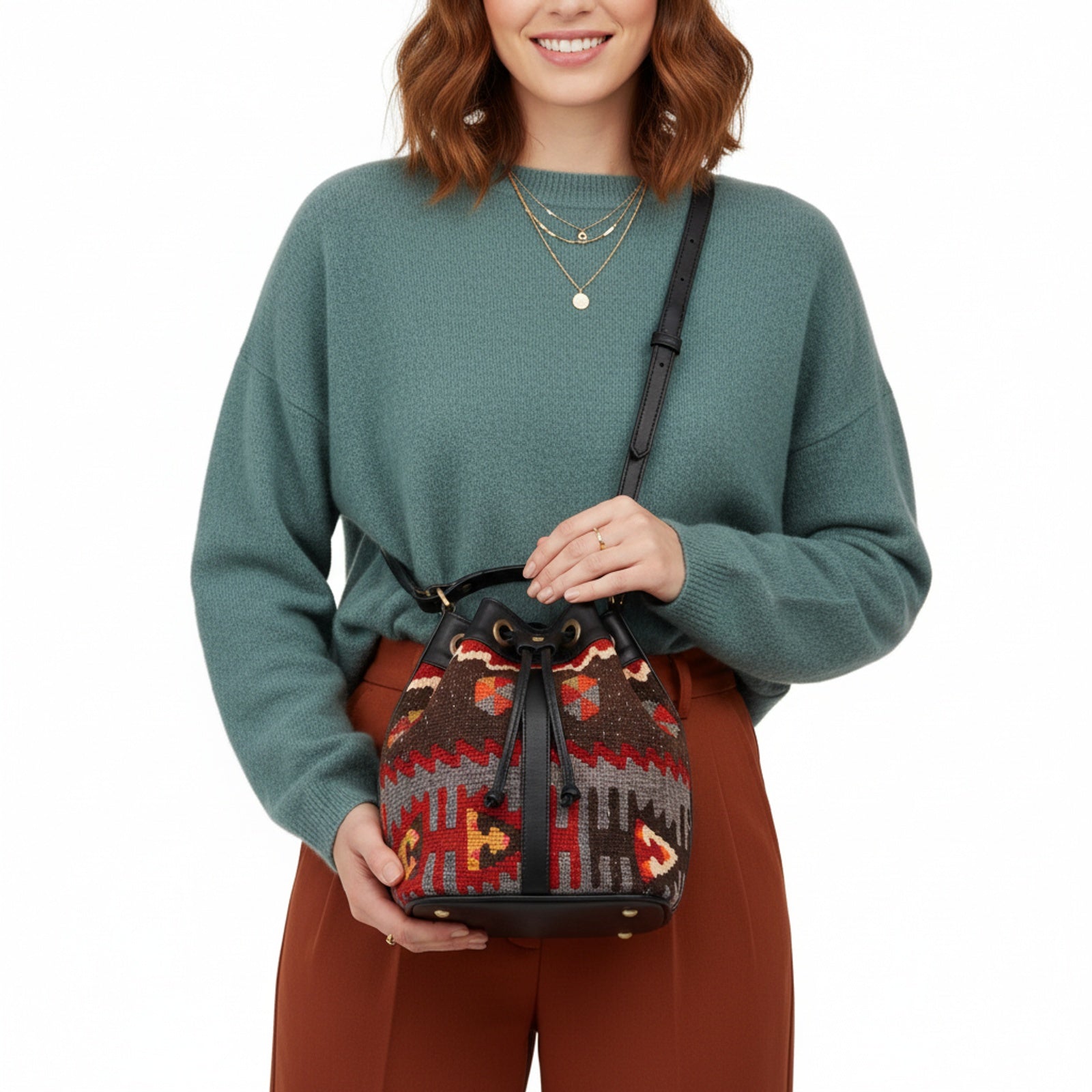 Casablanca Kilim Bucket Leather Bag | Drawstring Bag Kilim Leather Bag | Cinch Bag Kilim Leather Bag