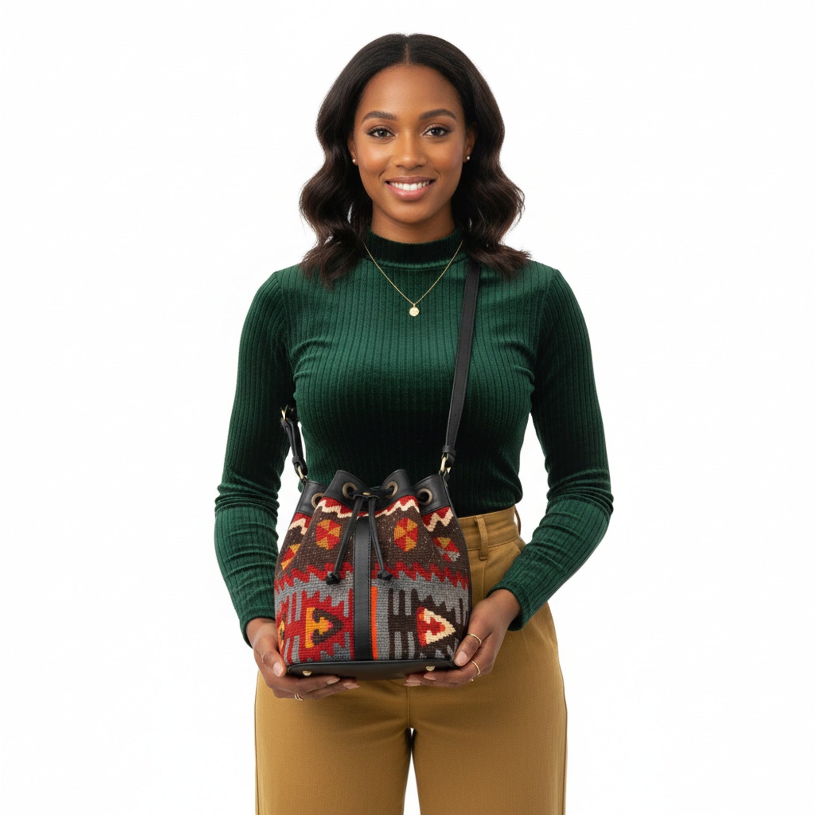 Casablanca Kilim Bucket Leather Bag | Drawstring Bag Kilim Leather Bag | Cinch Bag Kilim Leather Bag