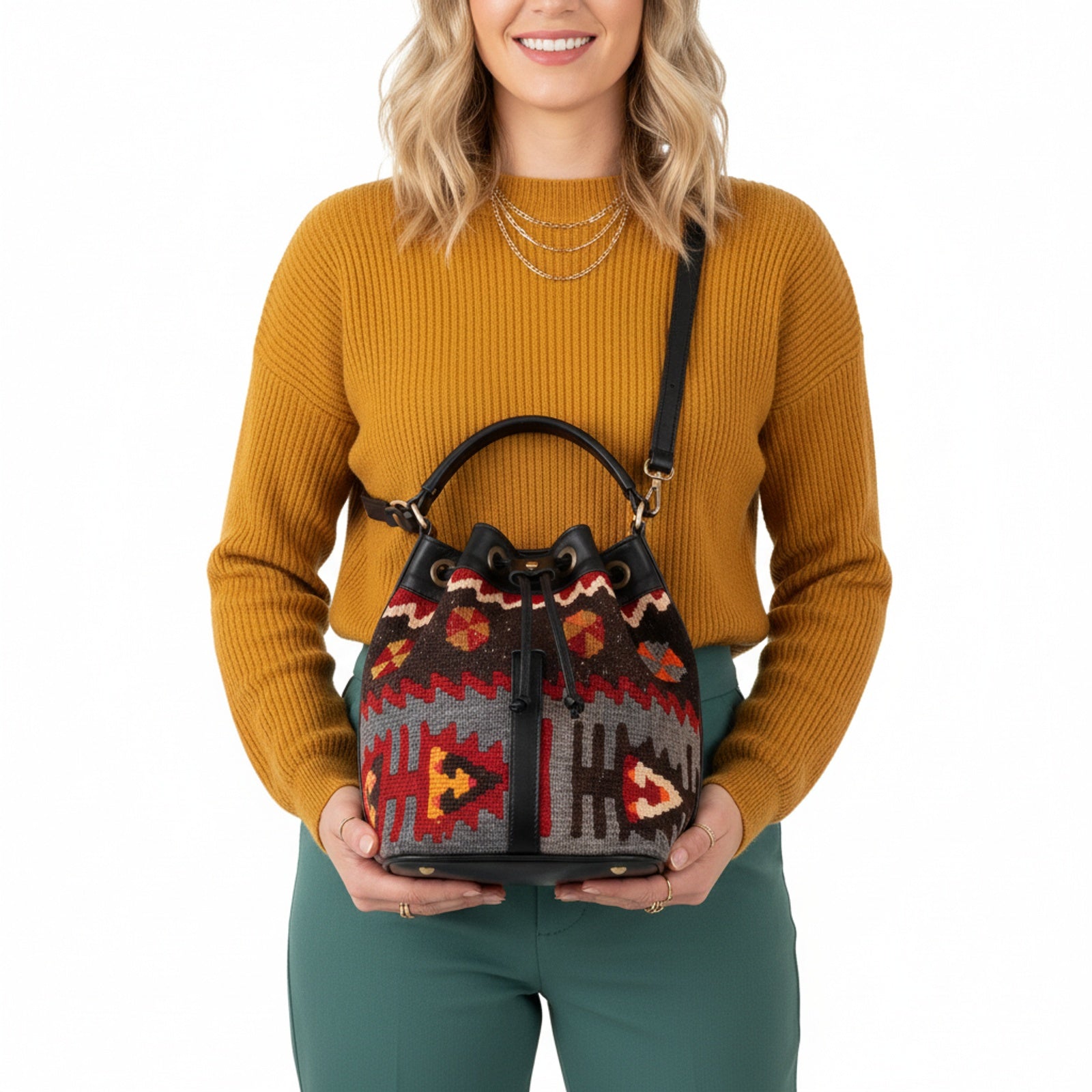 Casablanca Kilim Bucket Leather Bag | Drawstring Bag Kilim Leather Bag | Cinch Bag Kilim Leather Bag