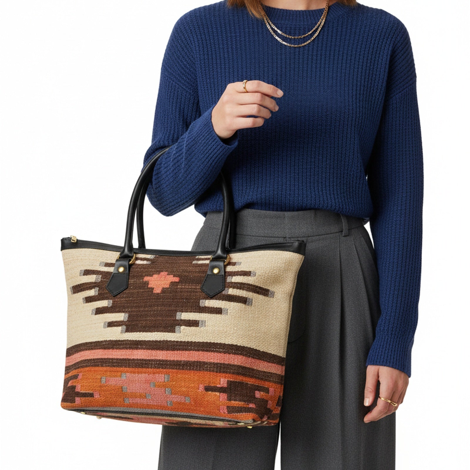 Fahari Kilim Tote Leather Bag | Shopper Kilim Leather Bag | Market Kilim Leather Bag
