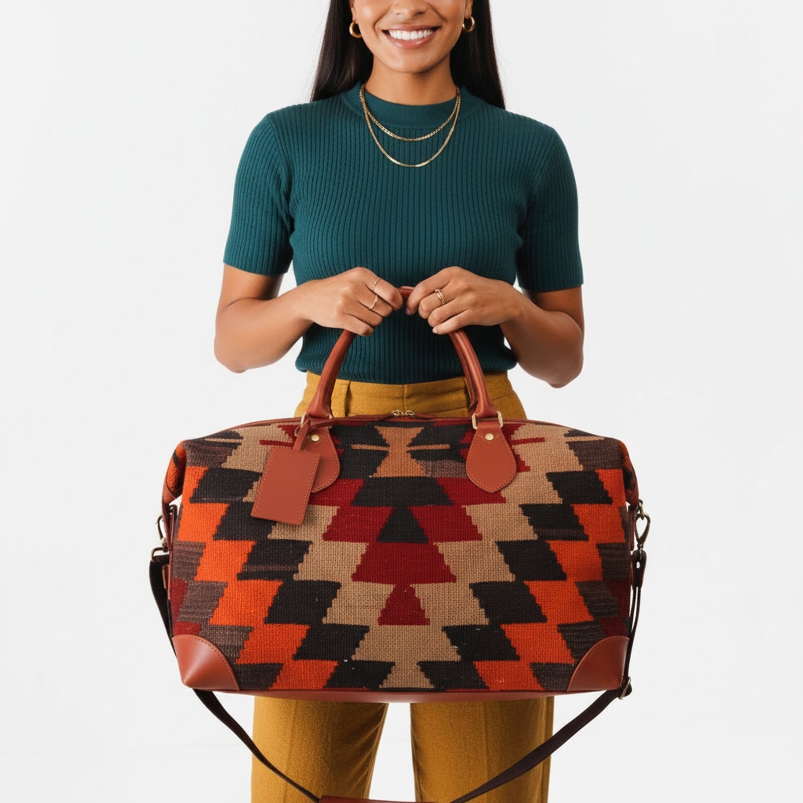 Mombasa Kilim Weekender Leather Bag | Travel Kilim Leather Bag | Overnight Kilim Leather Bag