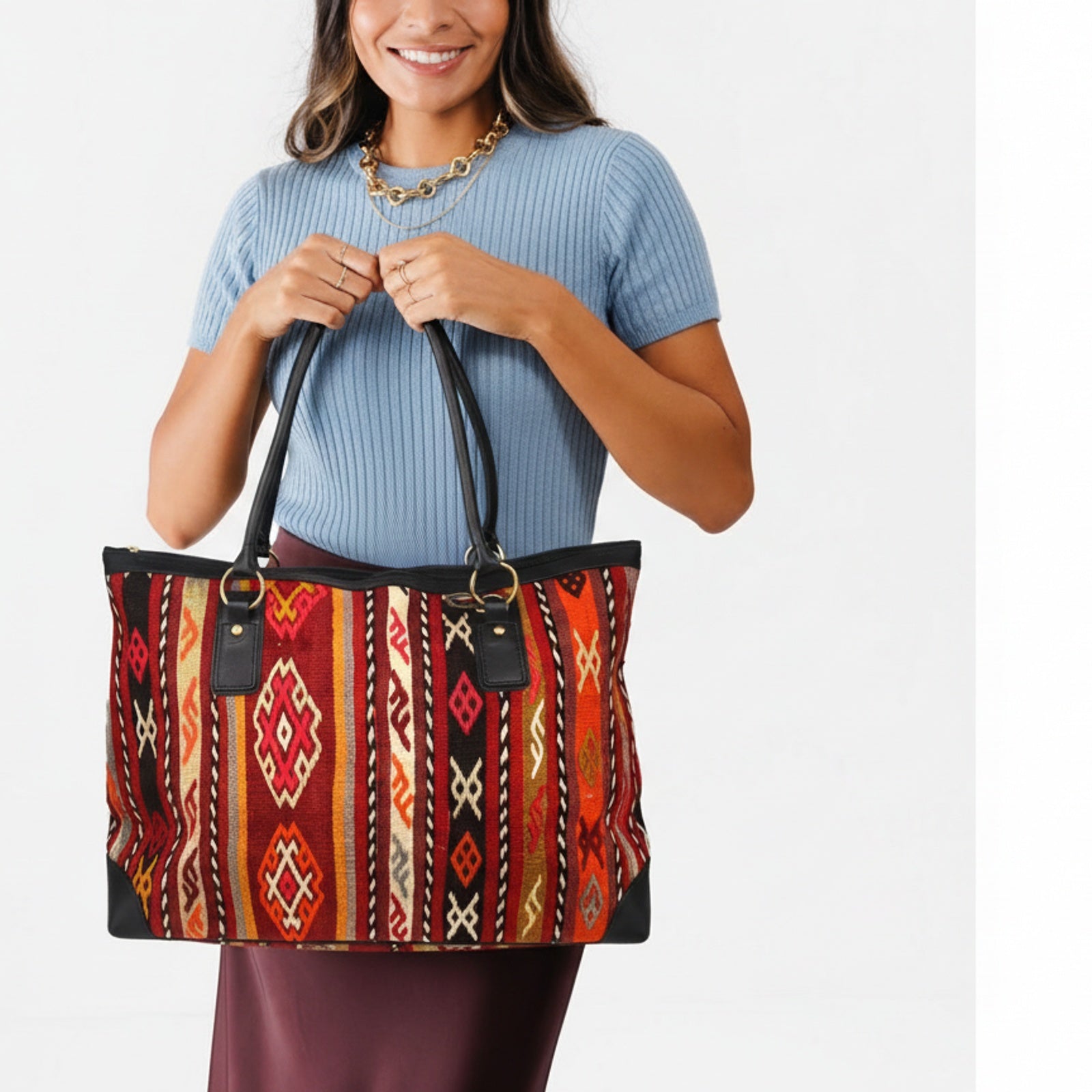Nomad Kilim Tote Leather Bag | Shopper Kilim Leather Bag | Market Kilim Leather Bag