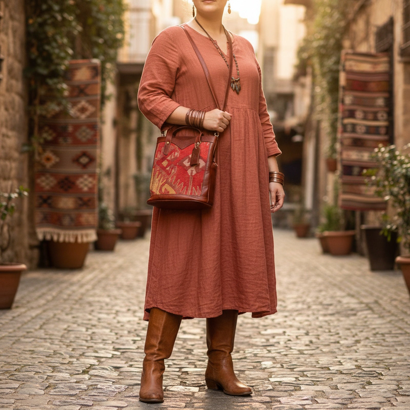 Nile Kilim Shoulder Leather Bag | Carryall Kilim Leather Bag | Everyday Kilim Leather Bag