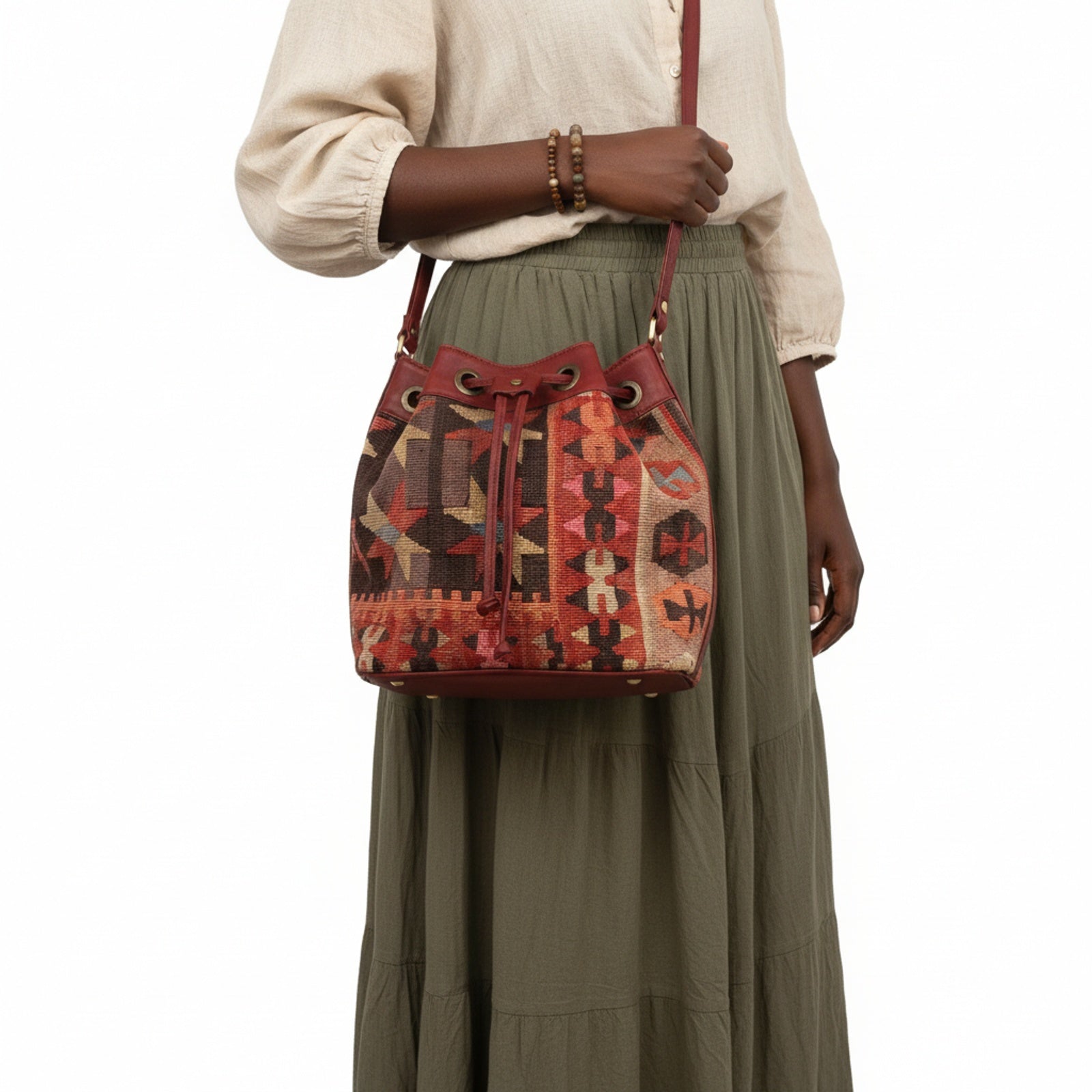 Zanzibar Kilim Bucket Leather Bag | Drawstring Bag Kilim Leather Bag | Cinch Bag Kilim Leather Bag