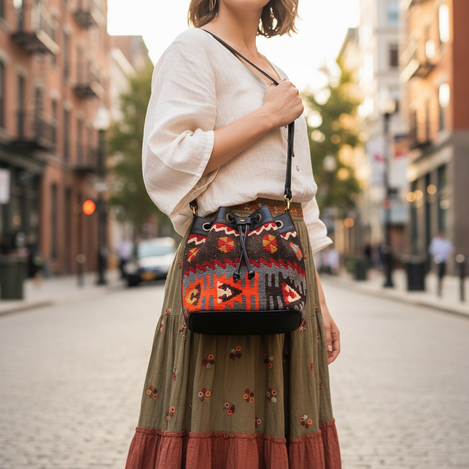 Casablanca Kilim Bucket Leather Bag | Drawstring Bag Kilim Leather Bag | Cinch Bag Kilim Leather Bag