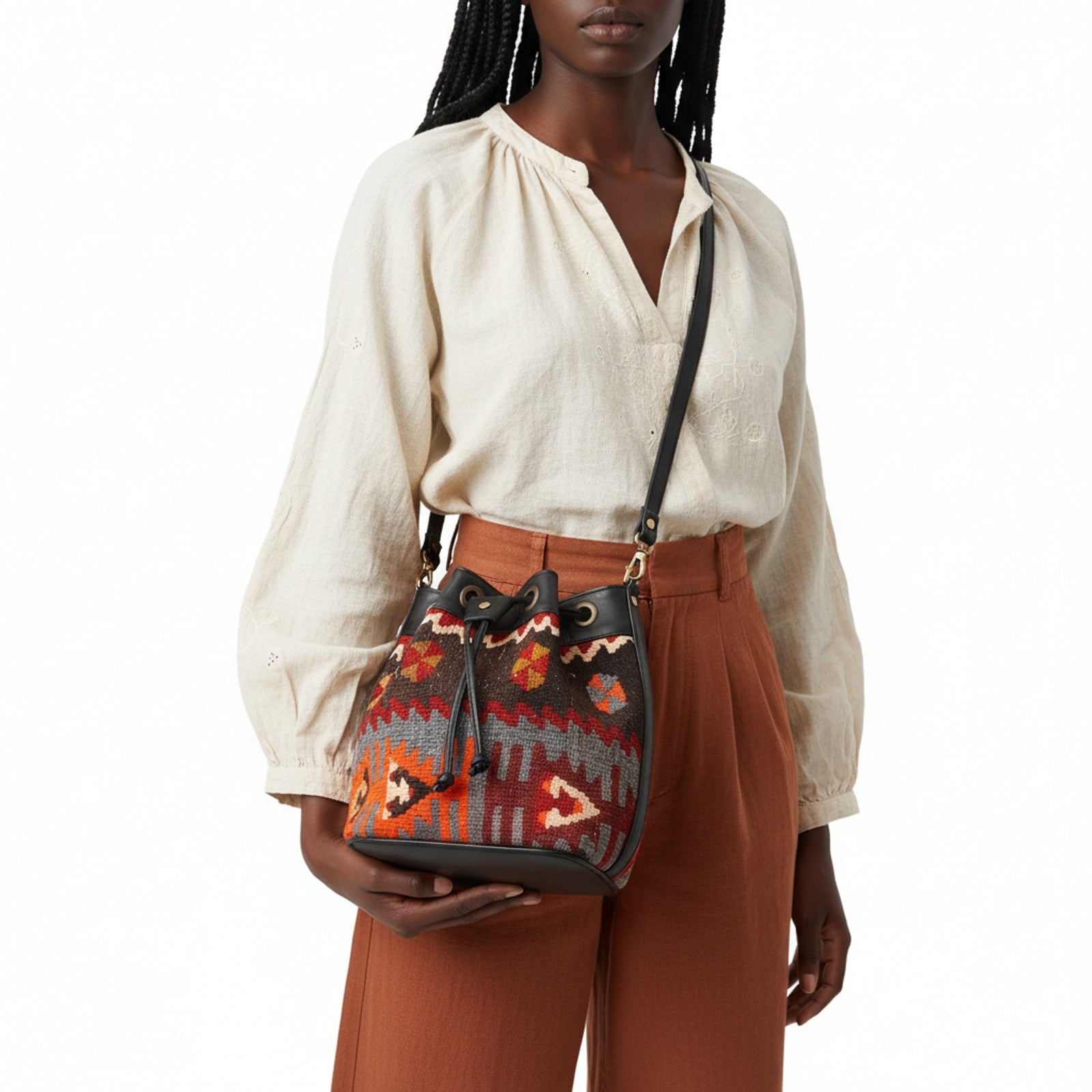 Casablanca Kilim Bucket Leather Bag | Drawstring Bag Kilim Leather Bag | Cinch Bag Kilim Leather Bag