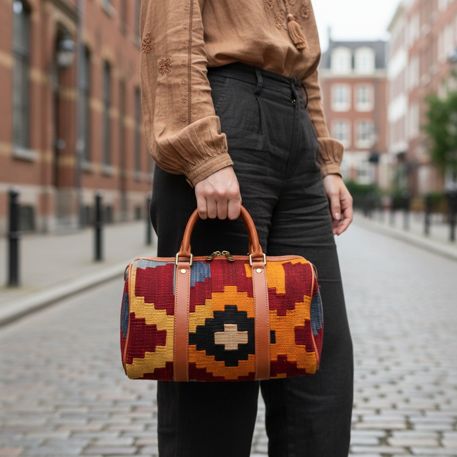 Ankara Kilim Weekender Leather Bag | Travel Kilim Leather Bag | Overnight Kilim Leather Bag