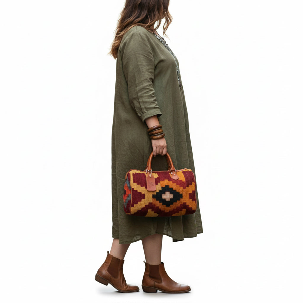 Ankara Kilim Weekender Leather Bag | Travel Kilim Leather Bag | Overnight Kilim Leather Bag