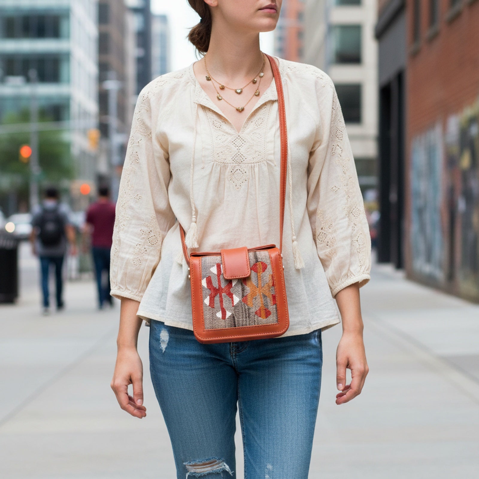 Saffron Kilim Crossbody Leather Bag | Messenger Kilim Leather Bag | Courier Kilim Leather Bag