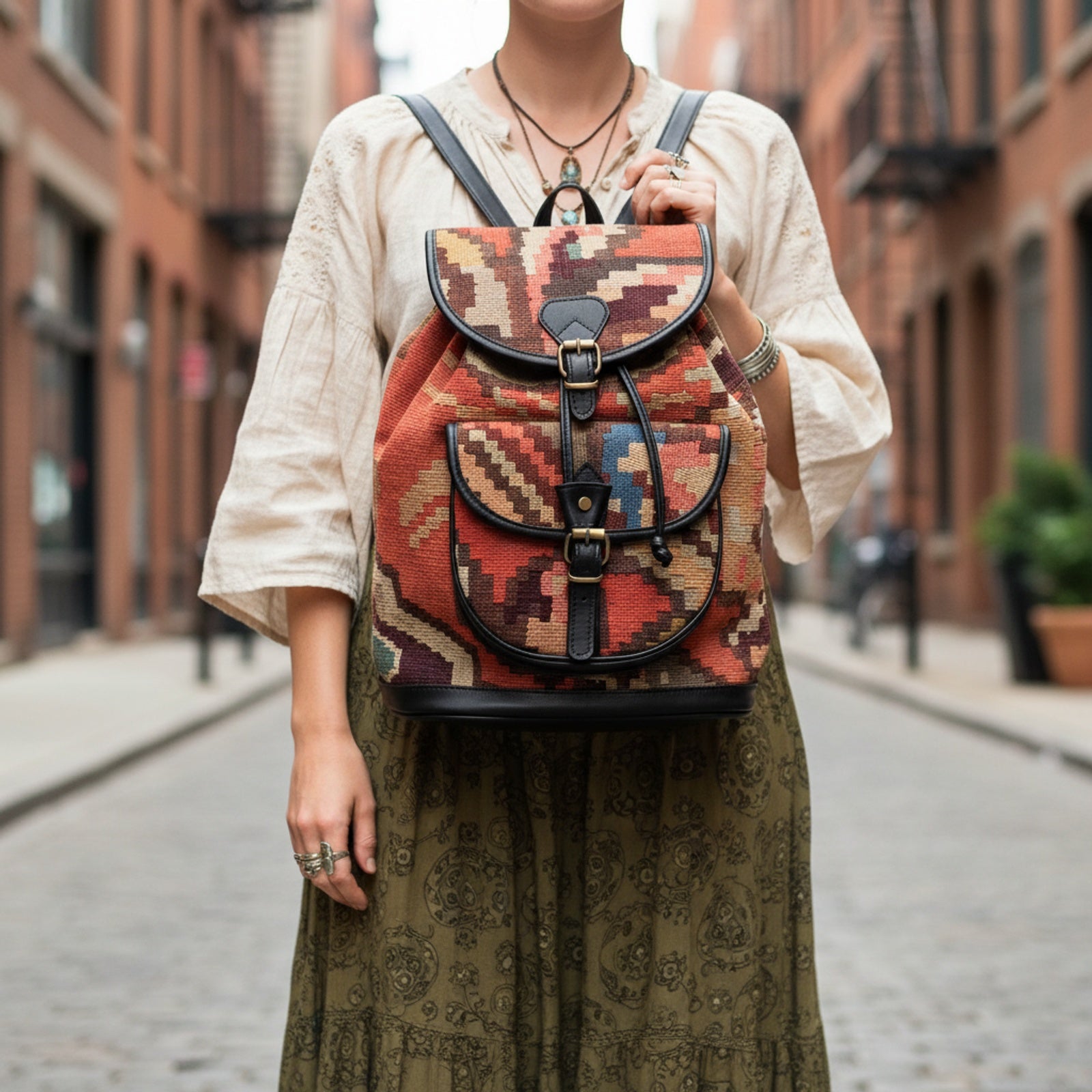 Sahara Kilim Backpack Leather Bag | Rucksack Kilim Leather Bag | Daypack Kilim Leather Bag