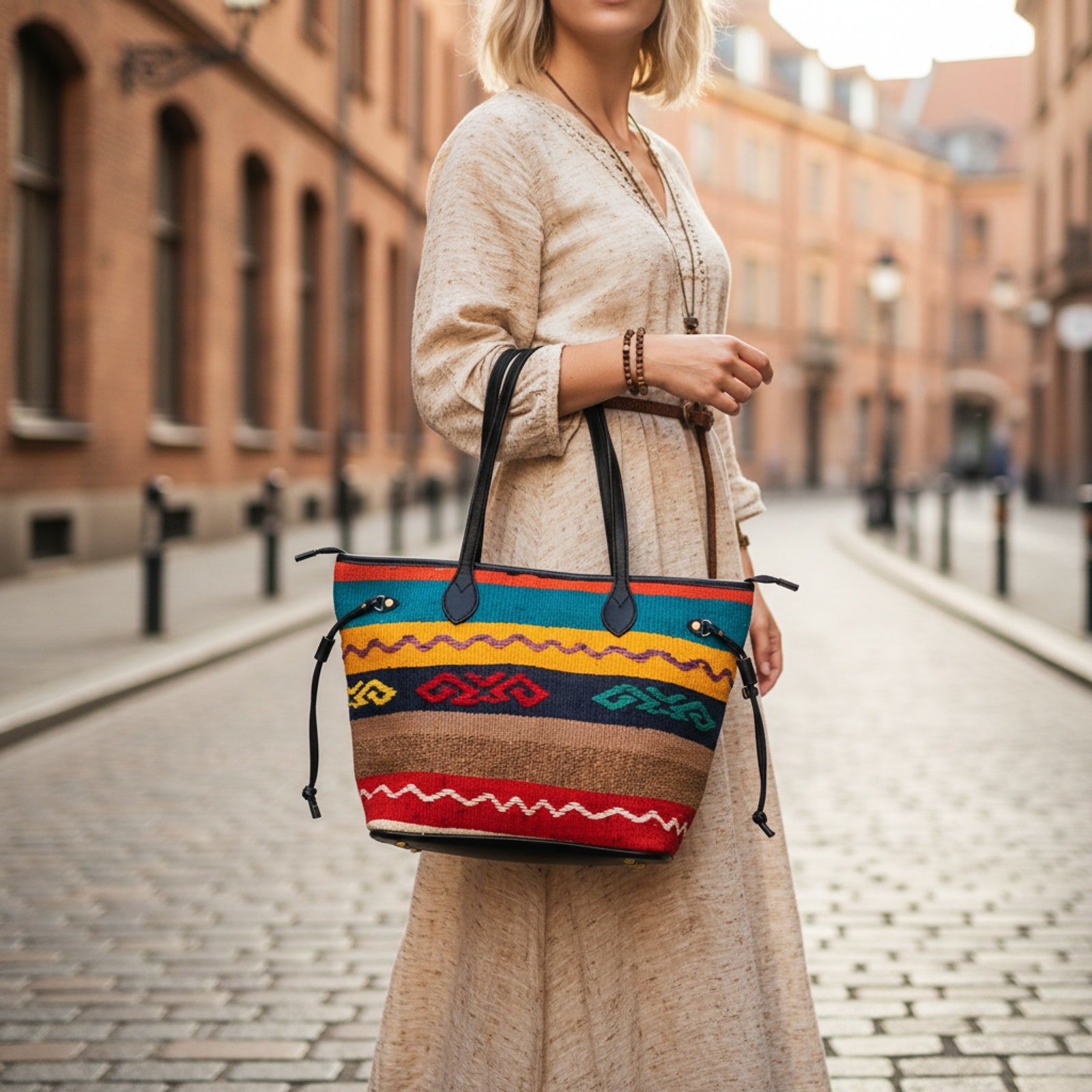 Venetian Kilim Tote Leather Bag | Shopper Kilim Leather Bag | Market Kilim Leather Bag