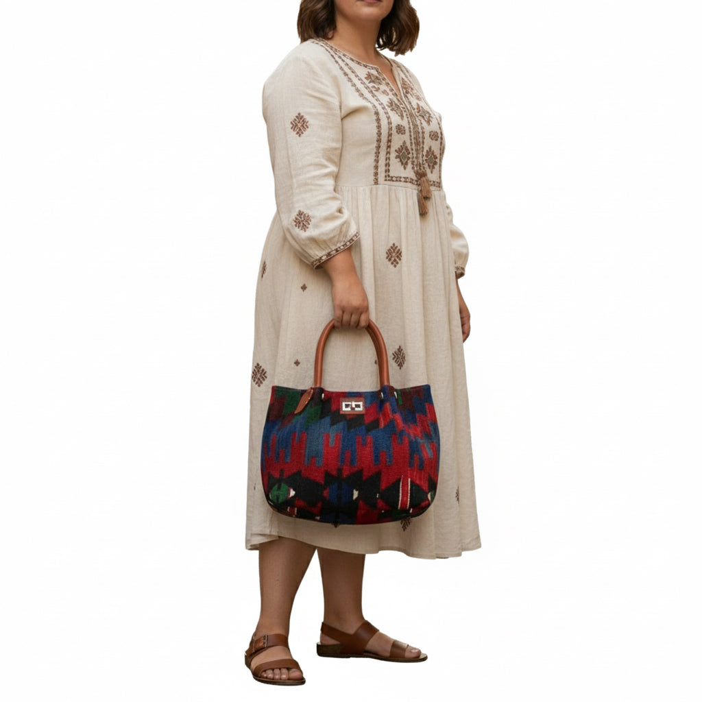 Aegean Kilim Shoulder Leather Bag | Carryall Kilim Leather Bag | Everyday Kilim Leather Bag