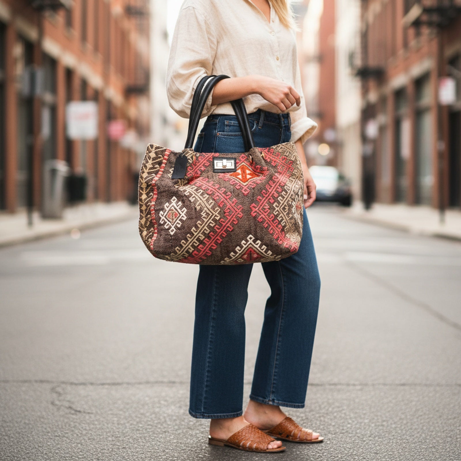 Andalusian Kilim Shoulder Leather Bag | Carryall Kilim Leather Bag | Everyday Kilim Leather Bag