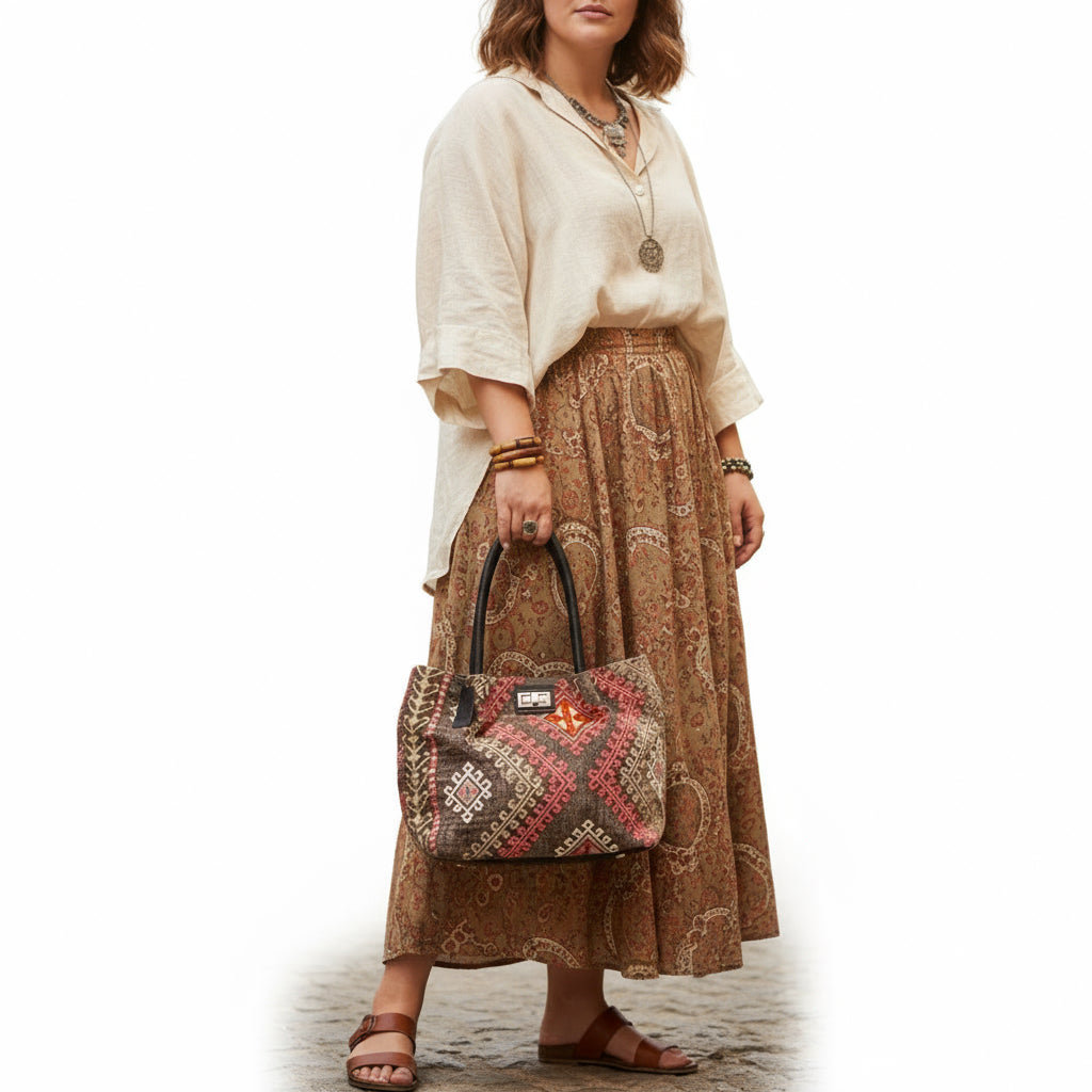 Andalusian Kilim Shoulder Leather Bag | Carryall Kilim Leather Bag | Everyday Kilim Leather Bag