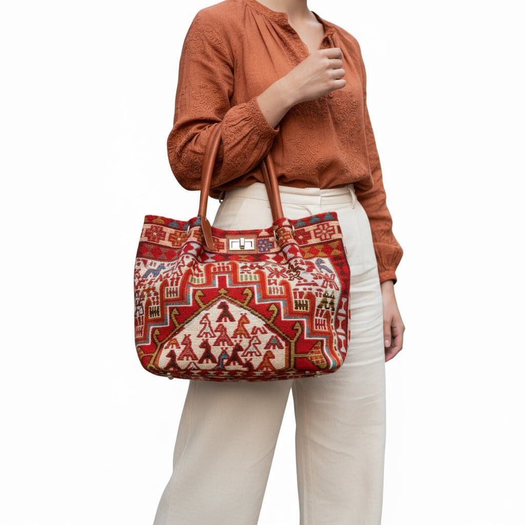 Siwa Kilim Shoulder Leather Bag | Carryall Kilim Leather Bag | Everyday Kilim Leather Bag