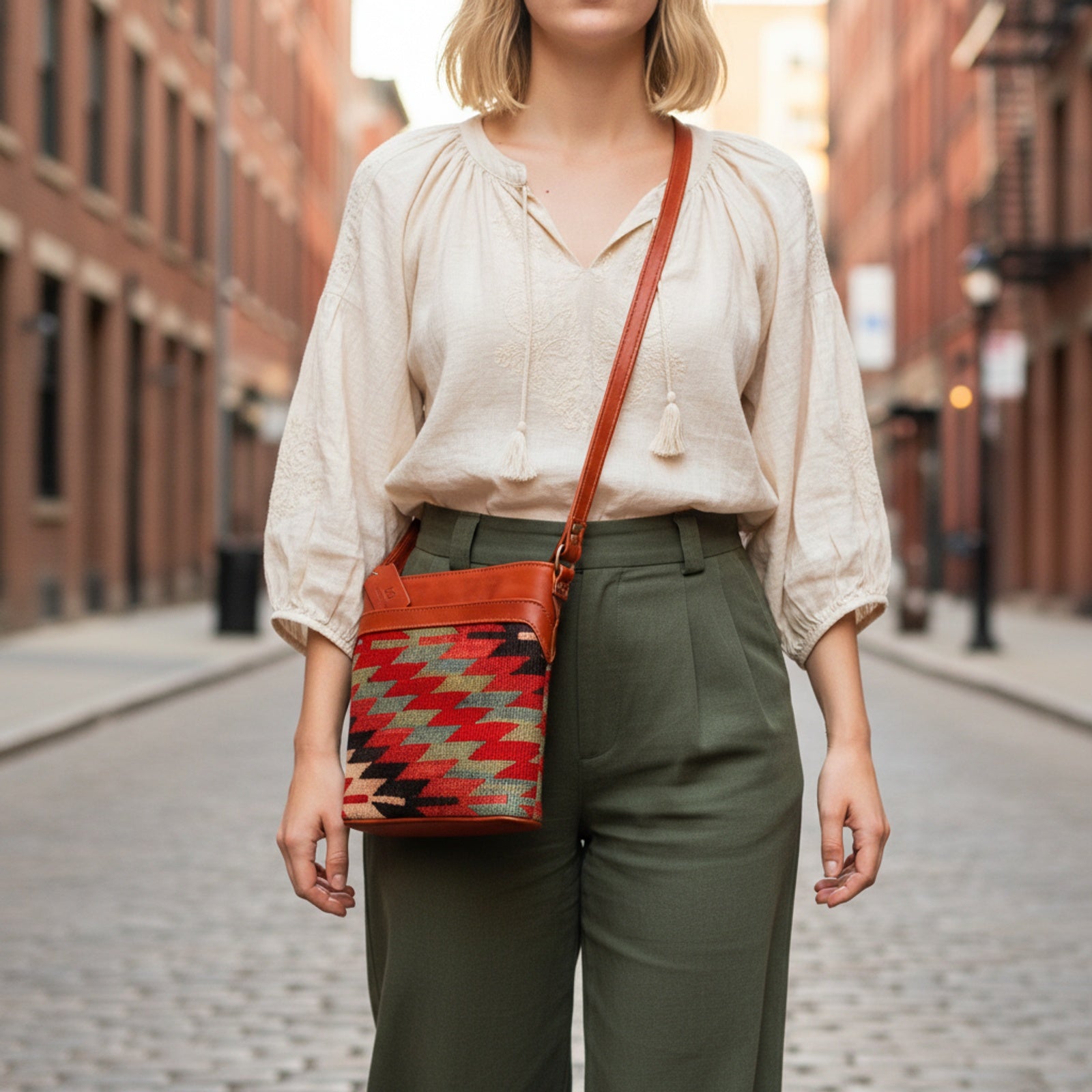 Olive Kilim Crossbody Leather Bag | Messenger Kilim Leather Bag | Courier Kilim Leather Bag