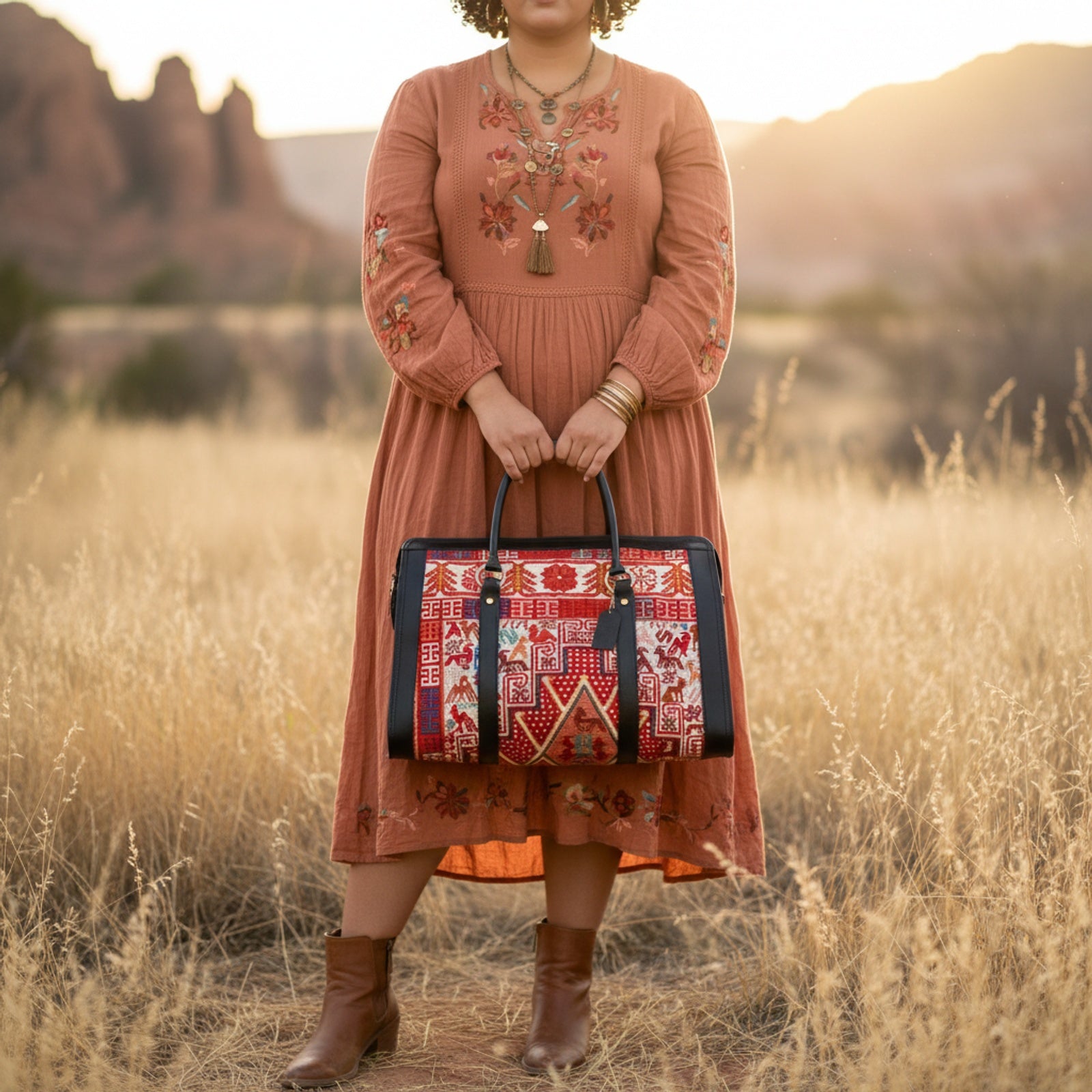 Sedona Kilim Weekender Leather Bag | Travel Kilim Leather Bag | Overnight Kilim Leather Bag