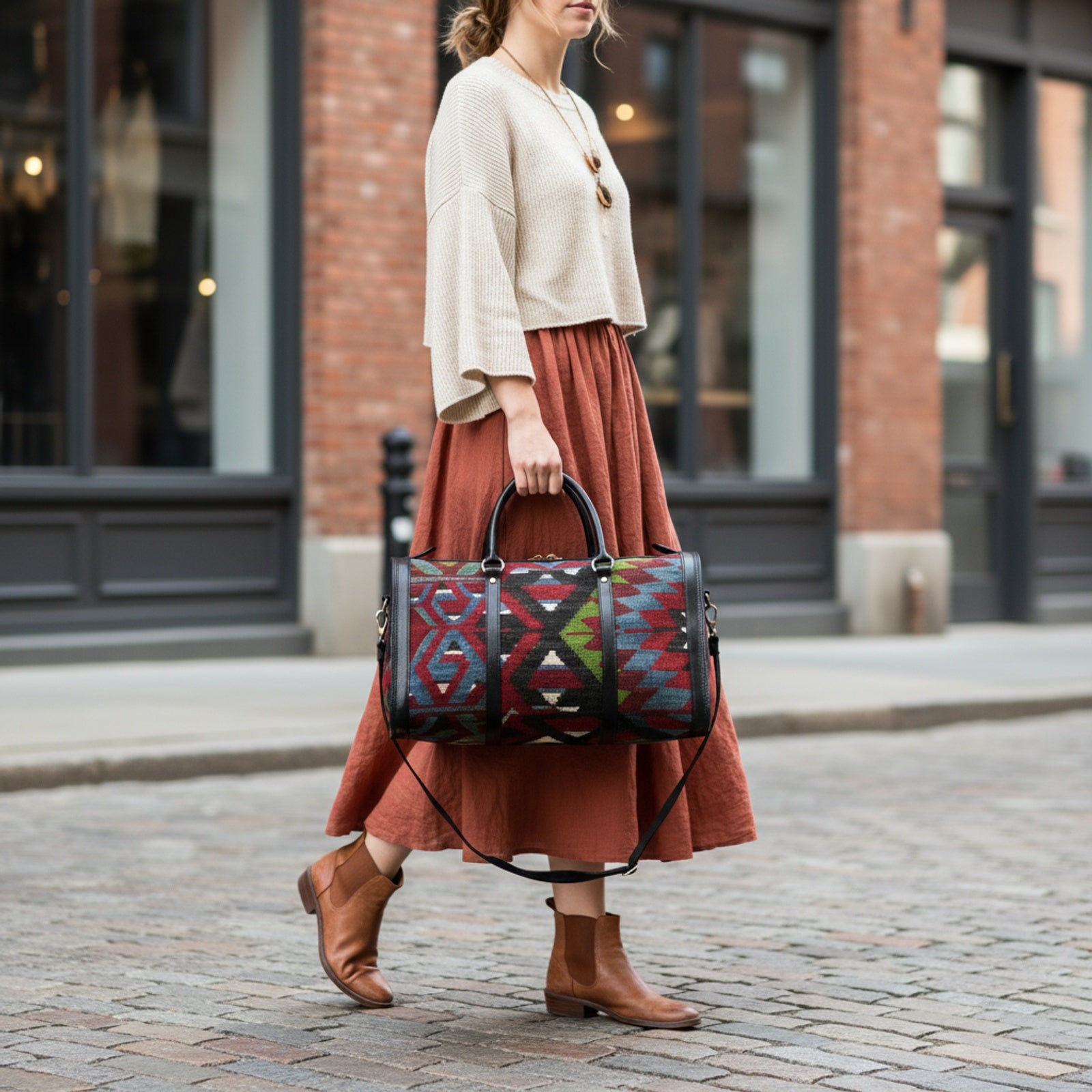 Mwezi Kilim Shoulder Leather Bag | Carryall Kilim Leather Bag | Everyday Kilim Leather Bag