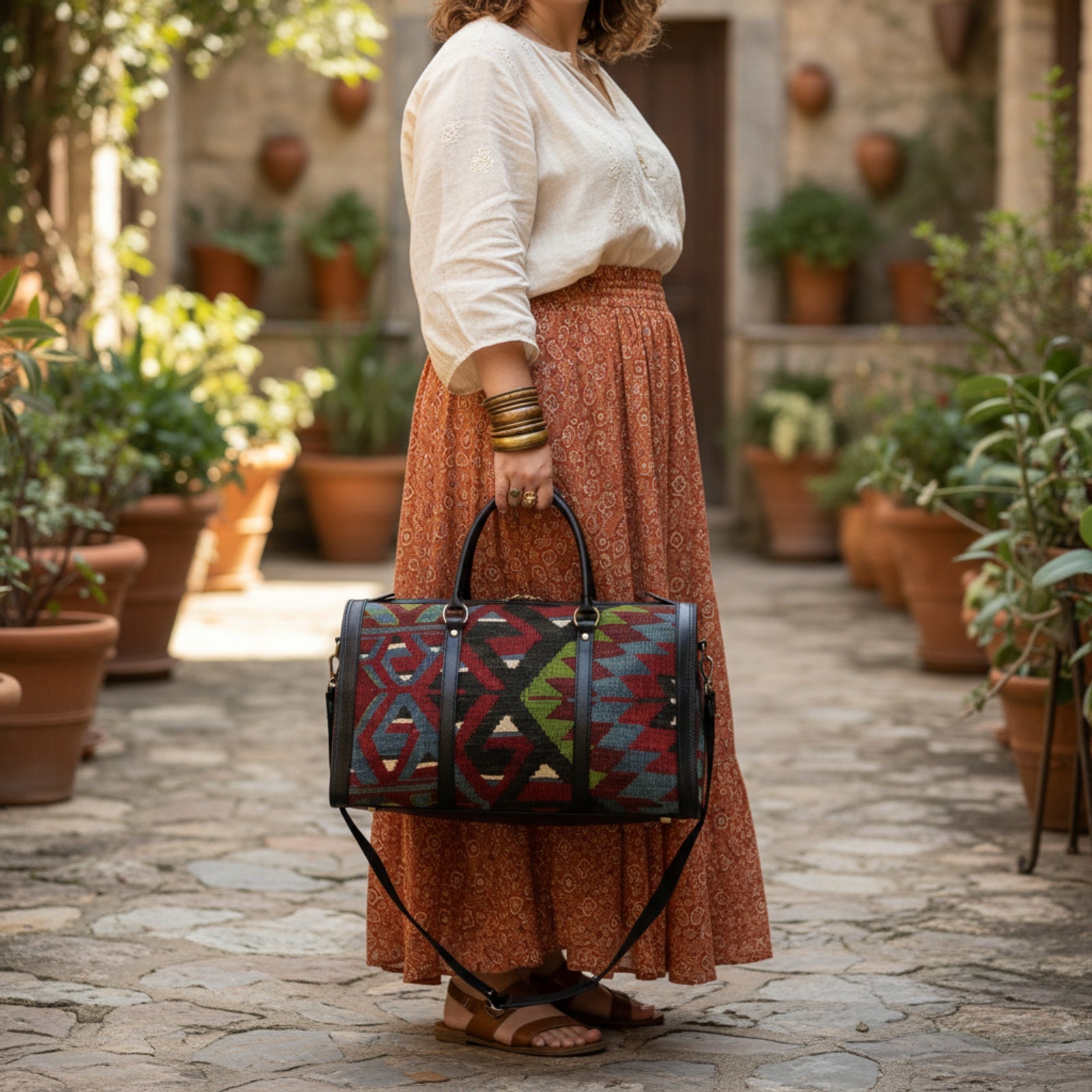 Mwezi Kilim Shoulder Leather Bag | Carryall Kilim Leather Bag | Everyday Kilim Leather Bag