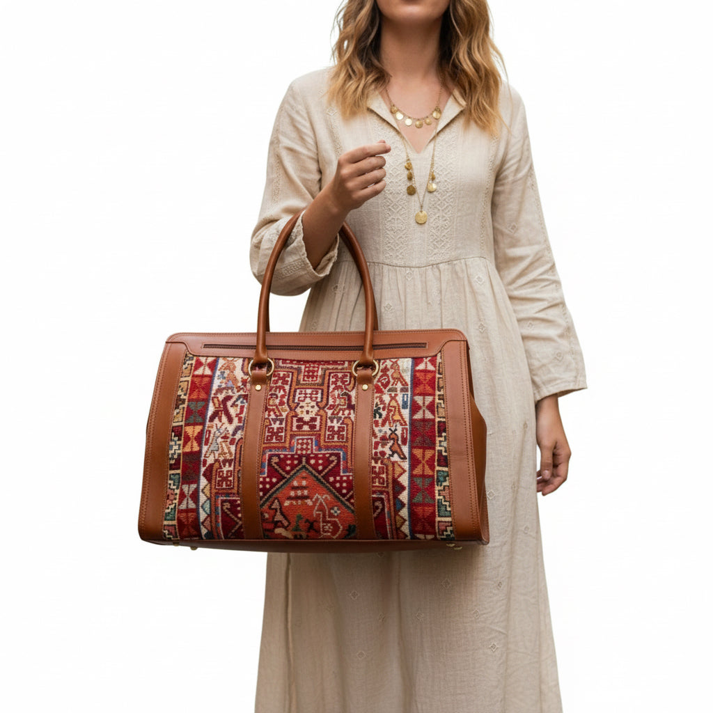 Santorini Kilim Shoulder Leather Bag | Carryall Kilim Leather Bag | Everyday Kilim Leather Bag