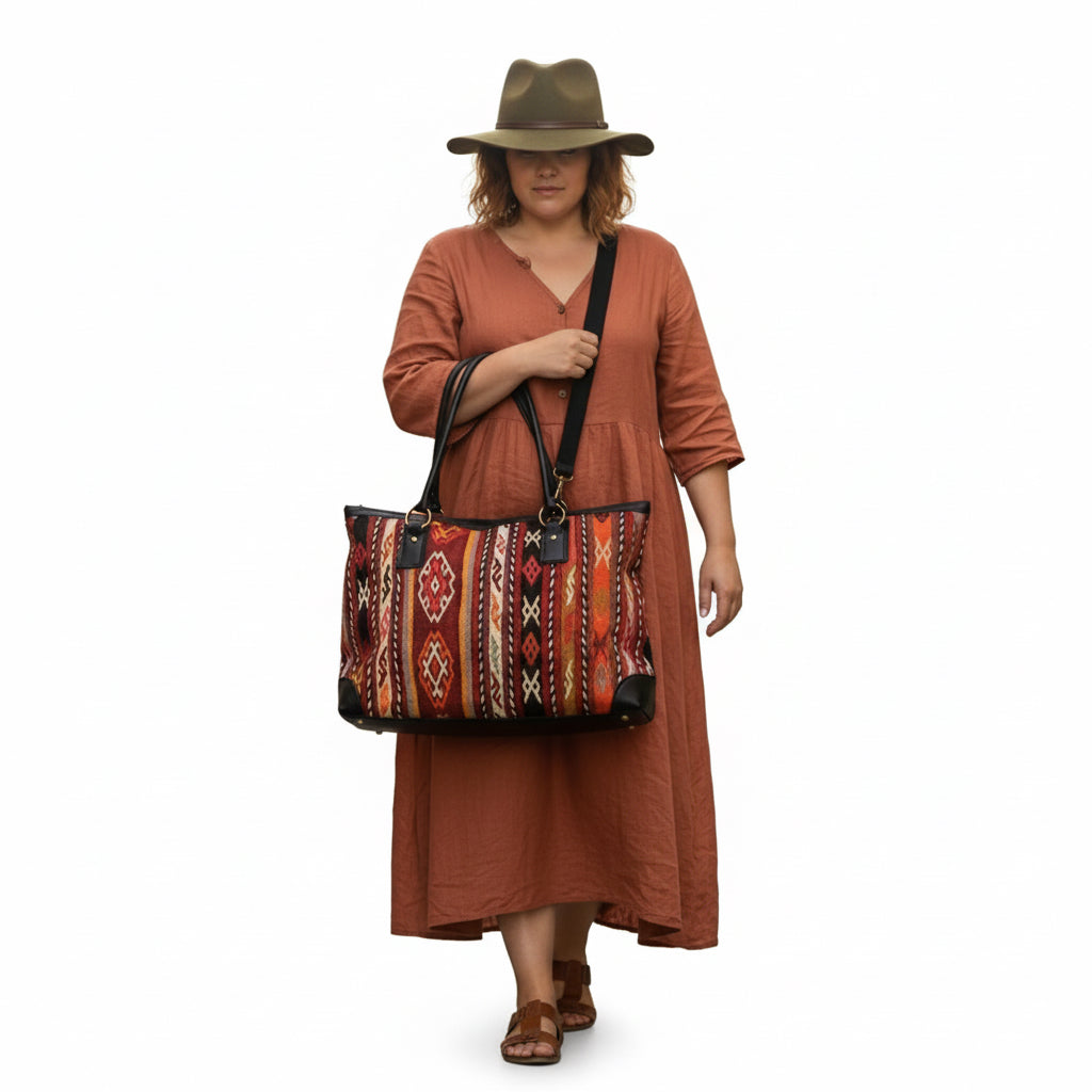 Nomad Kilim Tote Leather Bag | Shopper Kilim Leather Bag | Market Kilim Leather Bag