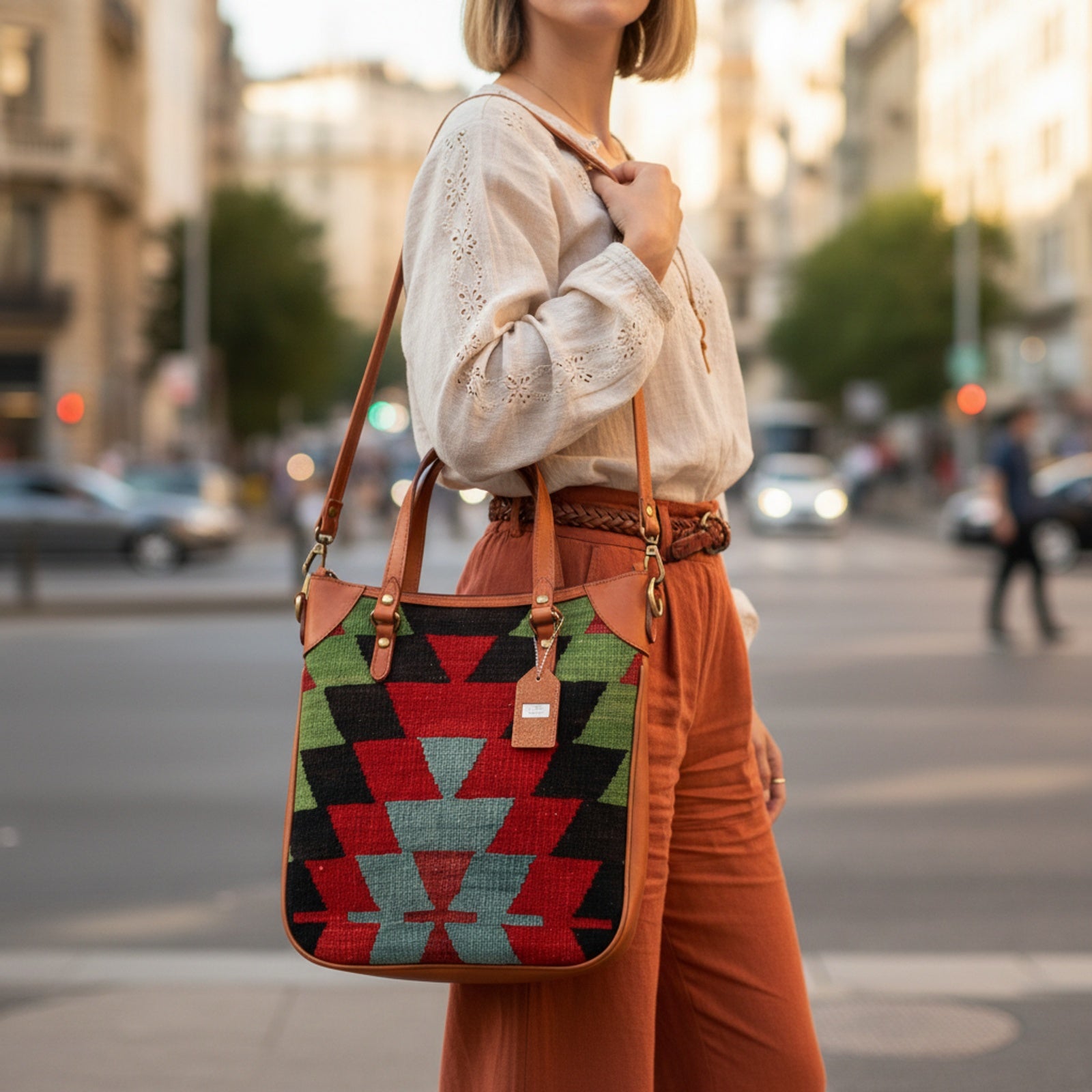 Safari Kilim Shoulder Leather Bag | Carryall Kilim Leather Bag | Everyday Kilim Leather Bag