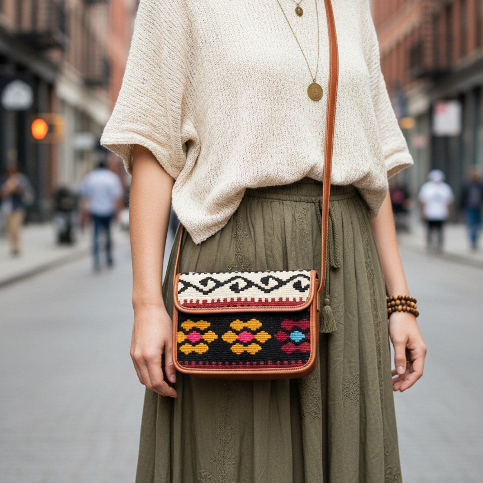 Layla Kilim Crossbody Leather Bag | Messenger Kilim Leather Bag | Courier Kilim Leather Bag