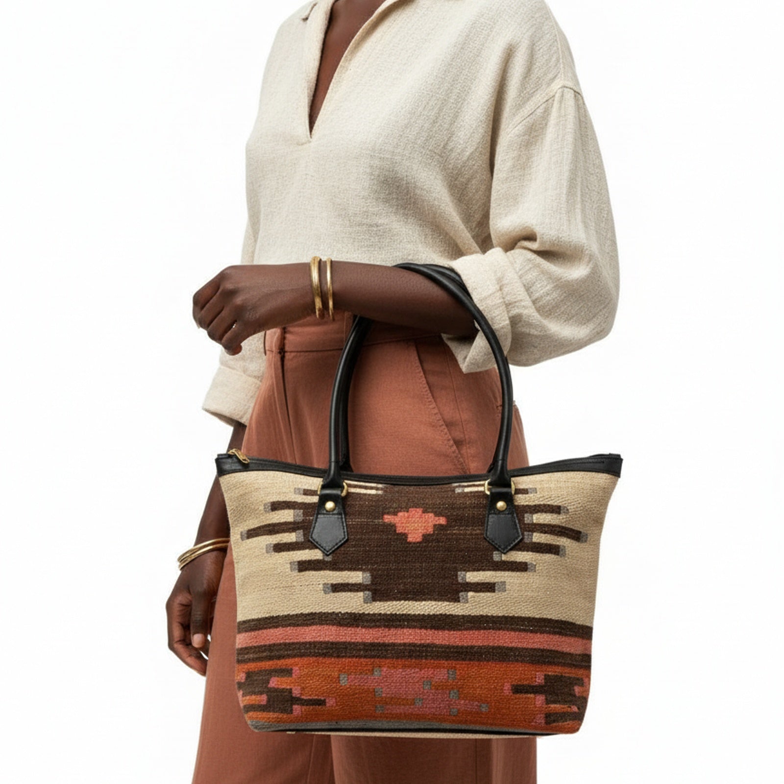 Fahari Kilim Tote Leather Bag | Shopper Kilim Leather Bag | Market Kilim Leather Bag