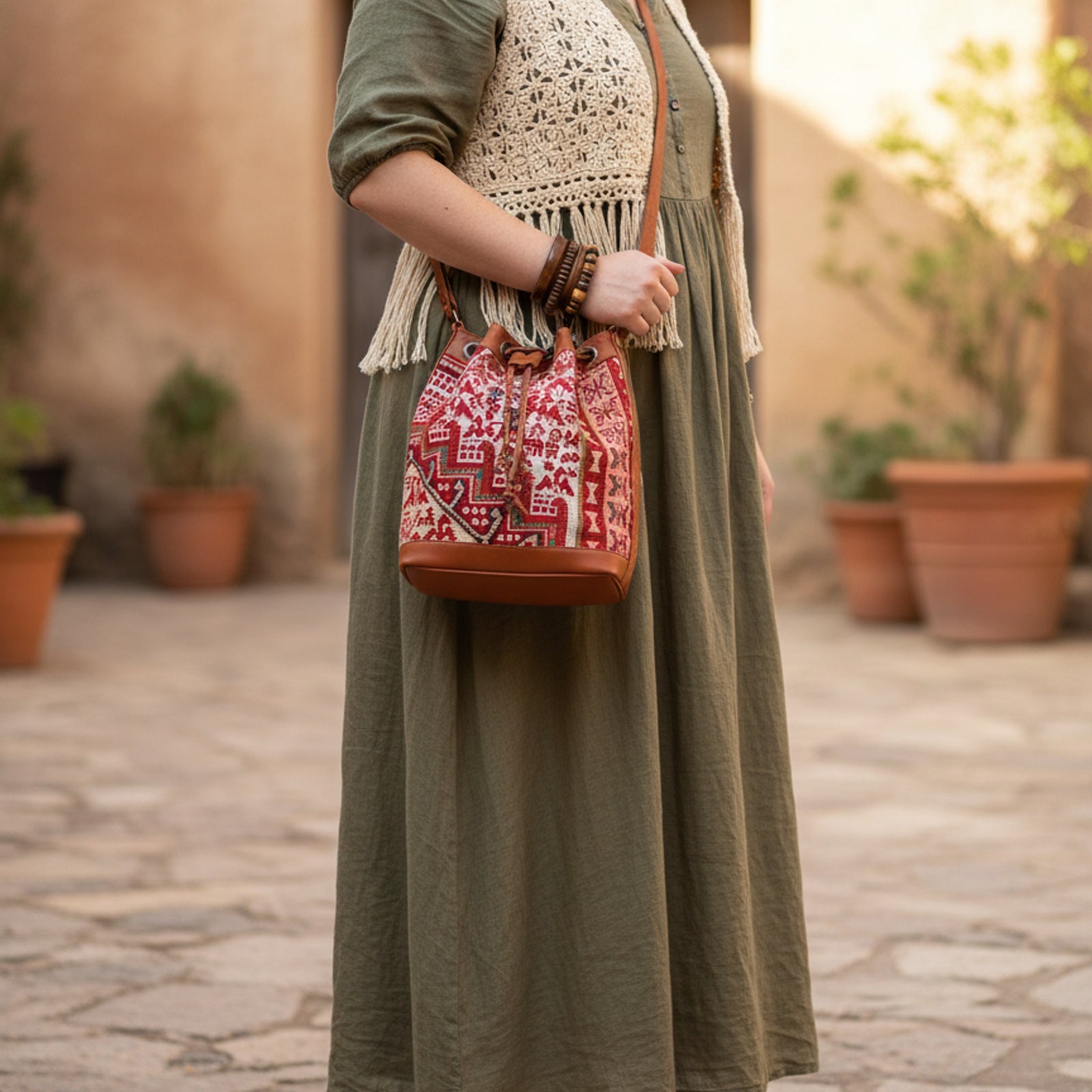 Aziza Kilim Bucket Leather Bag | Drawstring Bag Kilim Leather Bag | Cinch Bag Kilim Leather Bag