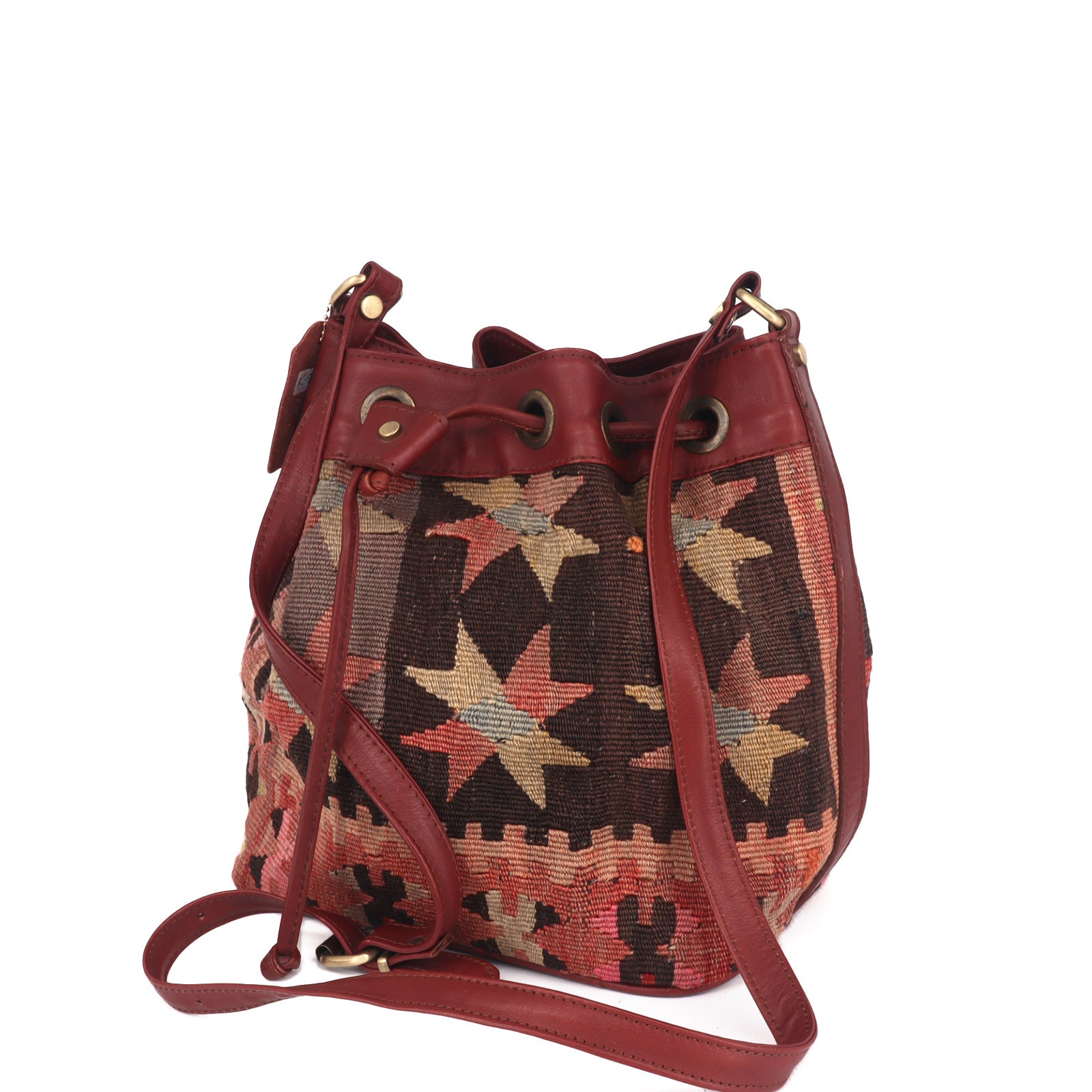 Zanzibar Kilim Bucket Leather Bag | Drawstring Bag Kilim Leather Bag | Cinch Bag Kilim Leather Bag