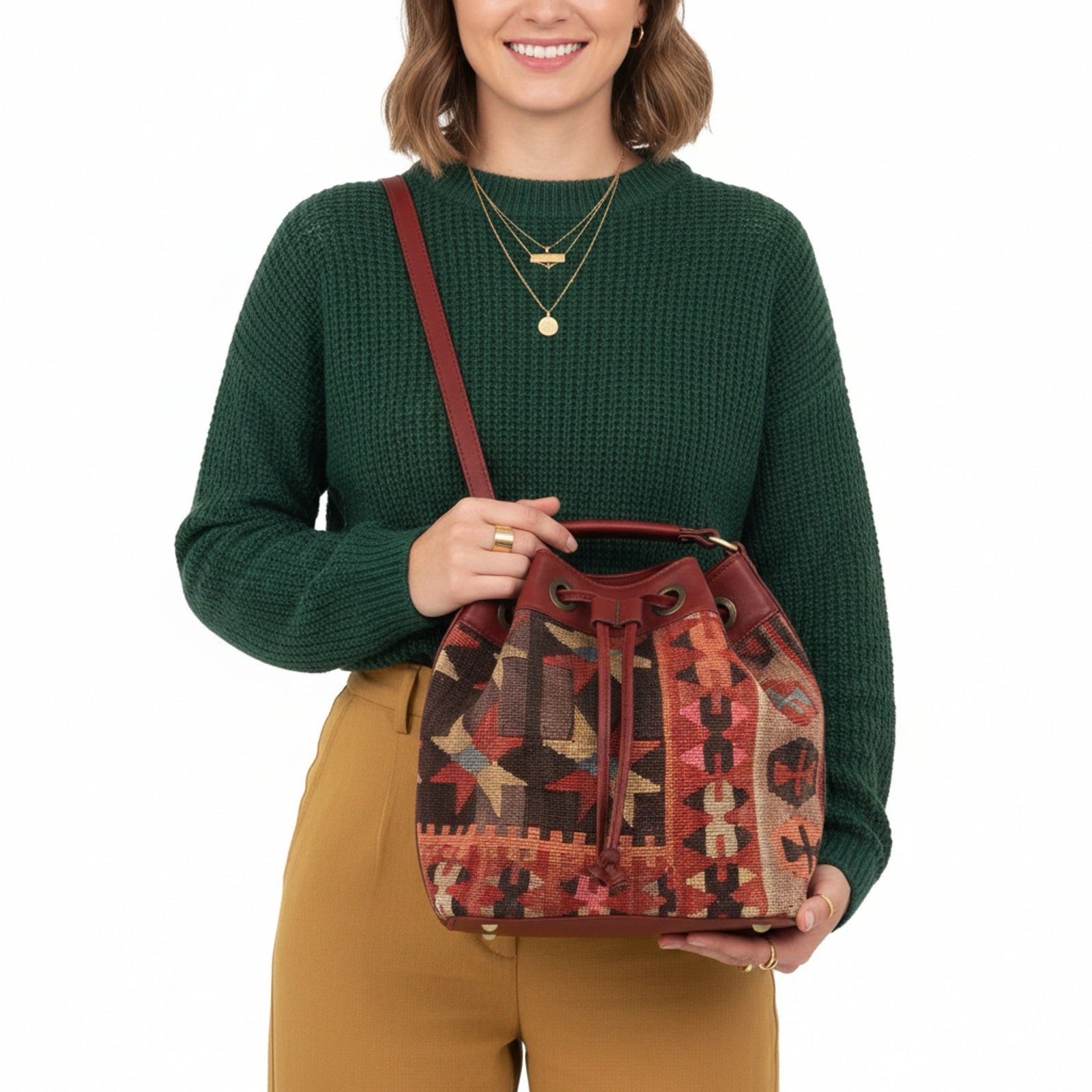 Zanzibar Kilim Bucket Leather Bag | Drawstring Bag Kilim Leather Bag | Cinch Bag Kilim Leather Bag